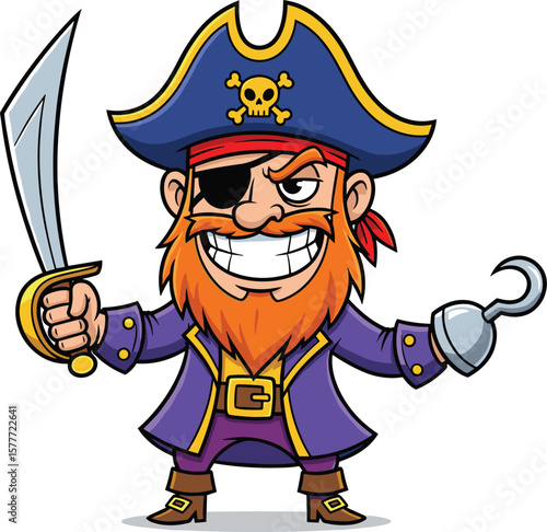Cartoon pirate character with beard and hat, hook hand, sword in hand, pirate costume, pirate captain illustration, ocean-themed drawing