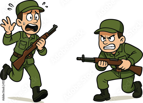 Funny cartoon soldiers in green uniforms, aiming rifle and running scared, humorous military illustration, army training scene, vector art