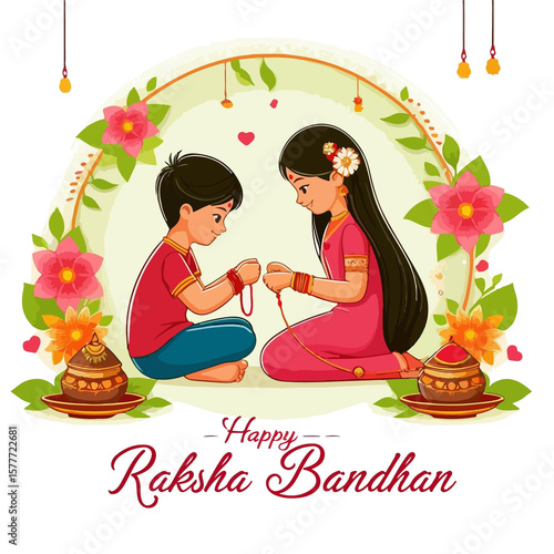 Brother and sister celebrating raksha bandhan tying rakhi with flowers and sweets