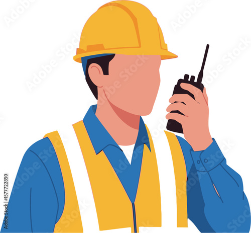 A construction worker with a hard hat holding a walkie talkie up high