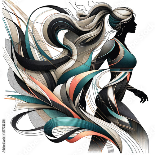 Dynamic abstract ribbons forming female silhouette black blue