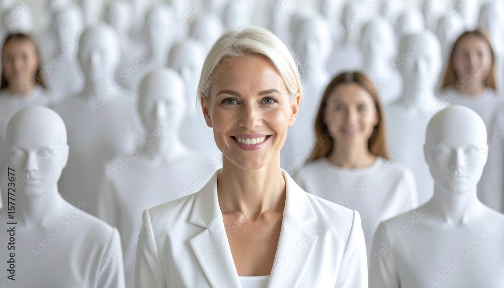 Obraz premium Confident businesswoman standing out from the crowd of mannequins, smiling warmly at the camera