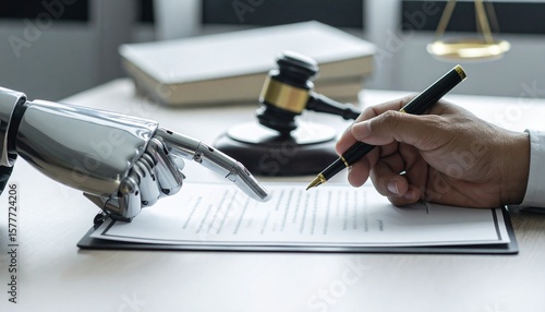 A human hand signing a legal document assisted by robot