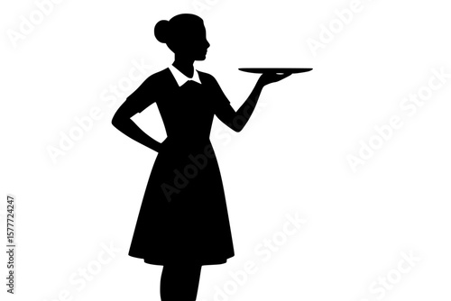 Silhouette of a woman holding a plate, black color isolated on white background