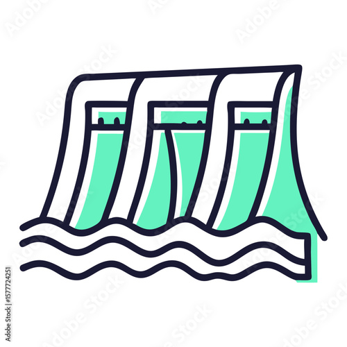 Outlined illustration of a hydroelectric dam with water flowing.