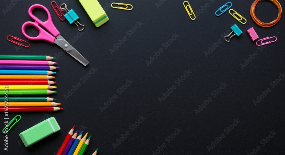 Vibrant Office Supplies on Chalkboard Background, Creative School Environment, Unique Viewpoint, Engaging Content for Learning Enthusiasts - back to school Vibrant Office Supplies on Chalkboard Background, Creative School Environment, Unique Viewpoint, Engaging Content for Learning Enthusiasts - back to school
