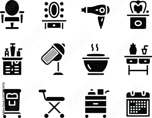 Collection of black icons representing beauty salon and spa equipment and services
