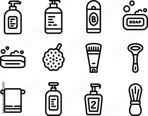 Collection of simple black line art icons for personal hygiene and grooming products