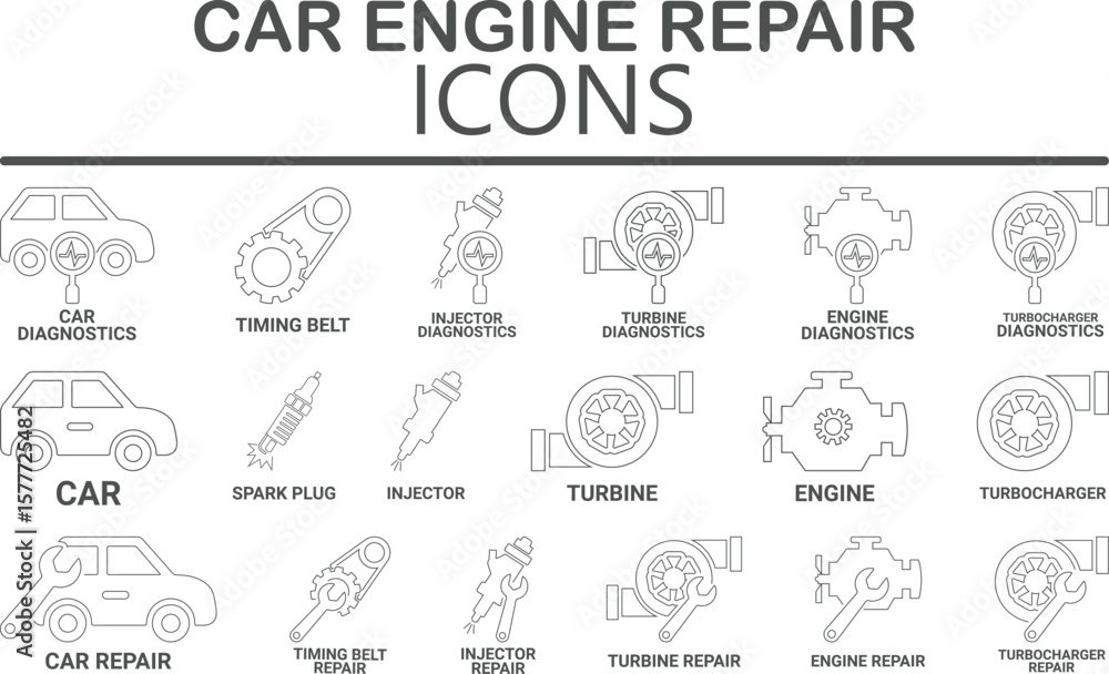 Fototapeta premium Car engine repair Line art icons Set, such as turbocharger diagnostics, fuel injector, turbine, spark plug, and more. Vector illustration. Easily changes to any color.