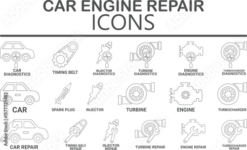 Car engine repair Line art icons Set, such as turbocharger diagnostics, fuel injector, turbine, spark plug, and more. Vector illustration. Easily changes to any color.