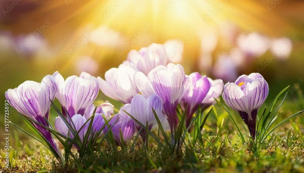 Fototapeta premium spring flowers crocus blossoms on grass with sunlight
