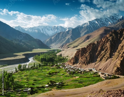 aerial view of majestic mountains surrounding a tranquil valley with a remote village salang afghanistan