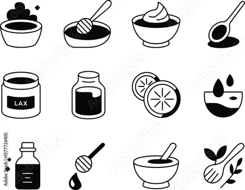 Collection of black and white icons representing ingredients and remedies