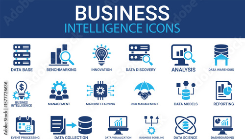 A set of business Intelligence icons, such as benchmark, machine learning, data modeling, and more. Vector illustration. Easily changes to any color.