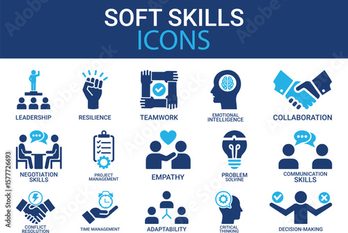 Soft skills icons, such as leadership, teamwork, problem solving, empathy, and more. Editable stroke.