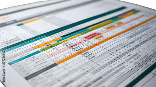 Close up shot of a spreadsheet with colored bars and rows of data on a white background