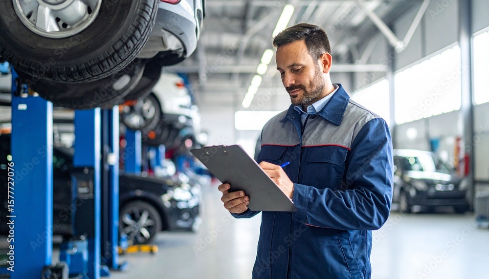 An auto mechanic carefully examines the undercarriage of a car in a spacious workshop, meticulously taking notes on a clipboard An auto mechanic carefully examines the undercarriage of a car in a spacious workshop, meticulously taking notes on a clipboard