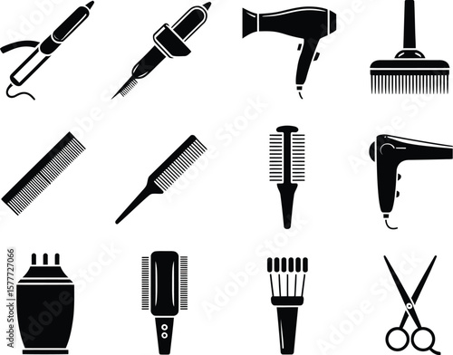 Collection of black silhouette icons for hairdressing and beauty salon services