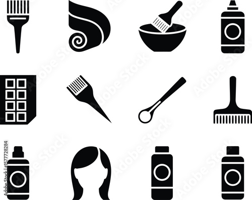 Collection of black and white icons representing hair coloring and styling tools
