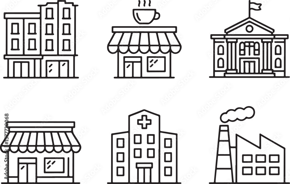 Obraz premium Line Art Depiction of Common Buildings Illustrating City Life with Focus on Coffee Shop, Hospital, Factory, Shop and City Hall