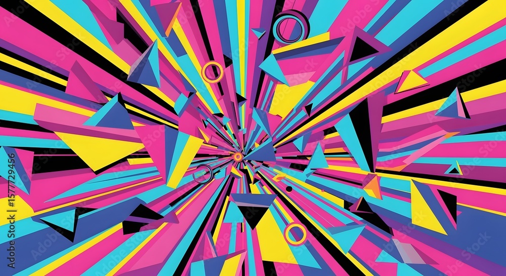 Fototapeta premium Abstract geometric design with triangles circles and colorful rays emanating from the center point