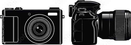 Two cameras in black and white showing front and side view of camera