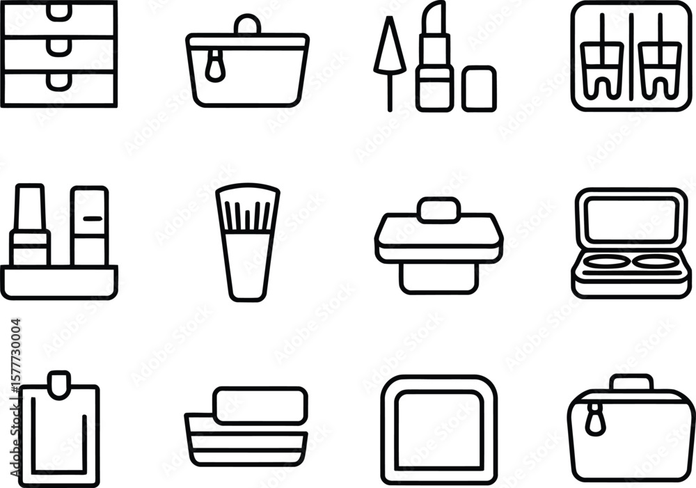 Collection of twelve simple outline icons representing makeup and cosmetic items Collection of twelve simple outline icons representing makeup and cosmetic items
