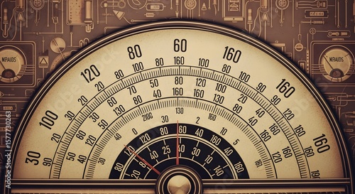 Close up of an antique radio dial with intricate details and steampunk style background art