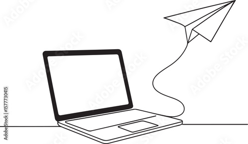 Laptop with Paper Plane as Startup Concept Line Drawing