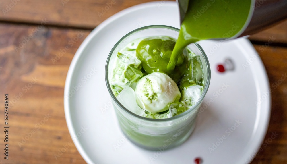 Pouring delicious green matcha drink into a glass with ice cream on a plate Pouring delicious green matcha drink into a glass with ice cream on a plate