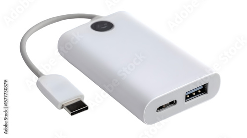 A close up shot of a white power bank with a cable and usb ports on a dark surface showing details