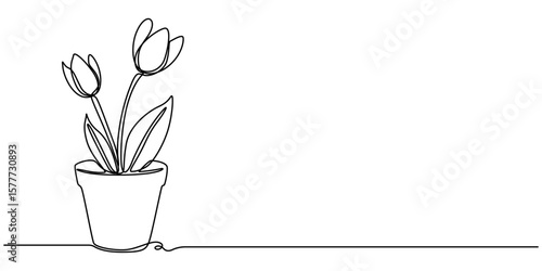 Continuous one single minimal line drawing pot, flower in a pot continuous one line drawing, Organic Product Continuous Line Editable Icon, Continuous one line drawing of House plant or flower.