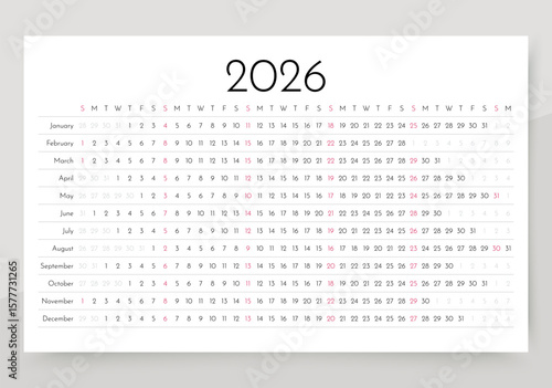 2026 calendar. Linear planner template. Horizontal yearly calender. Week starts Sunday. Long annual schedule grid with 12 months. Landscape orientation, English. Vector illustration. Simple design
