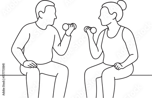 Seniors Doing Physical Exercises Line Drawing Illustration
