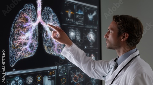 Male Doctor Using Holographic Lung Diagnostic Screen.