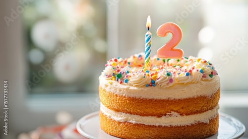 Colorful second birthday cake with candle and sprinkles