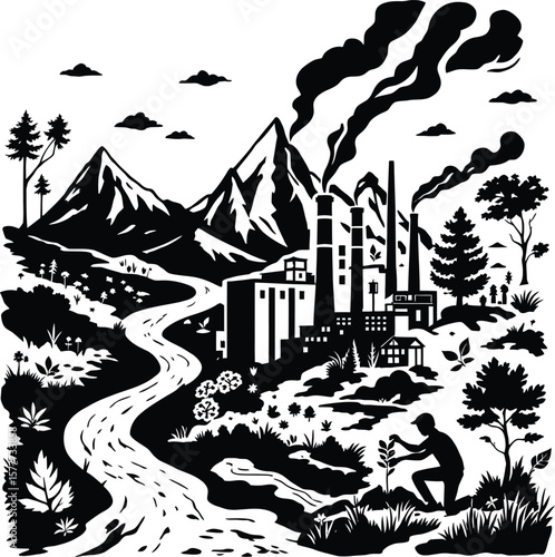 Environmental impact illustration showing industry pollution and reforestation efforts in nature