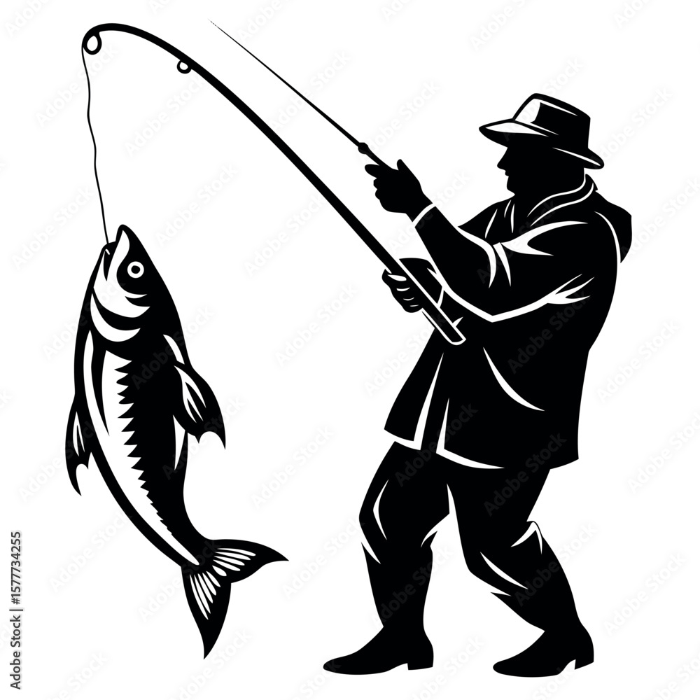 Obraz premium a-cut-fisherman-catch-fish-silhouette-vector 