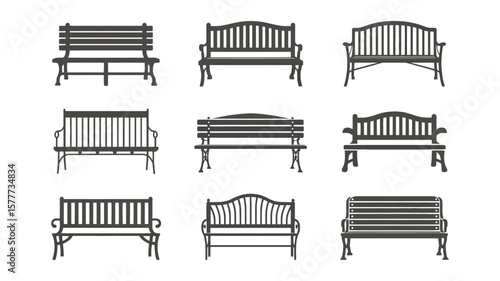 Benches Set Various Outdoor Public Seating Black Silhouettes on White Background