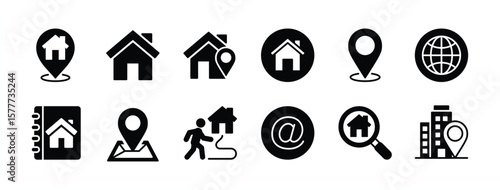 Address icon set. Contains house map pointer pin location, web or website, home page, office, place, destination, E-mail, book, Searching, GPS marker. Vector illustration