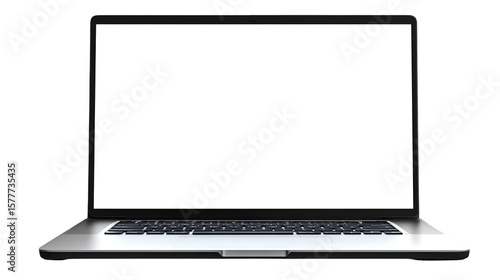A laptop with a blank white screen displayed against a TRANSPARENT background in a front facing shot