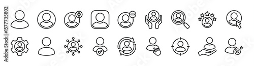 User icon set. Contains add, delete, searching, rating, click, settings, connection, official, target, replacement, and skill of people, person, human, avatar, profile, account identity, member vector