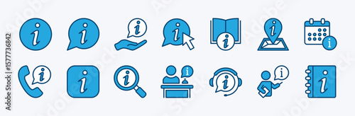 Set of info or information icon. Contains chat button, contact call, schedule date, place location, receptionist, instruction or guide book, manual help, support, service. Vector illustration