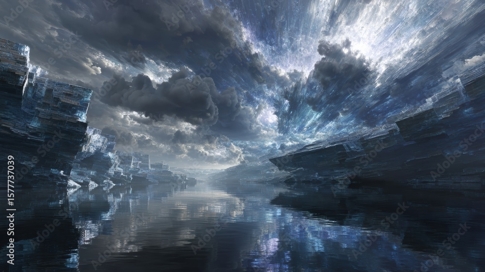 Fototapeta premium A surreal landscape with reflective water, jagged icy cliffs, and dramatic cloudy skies illuminated by bright, radiant light beams.