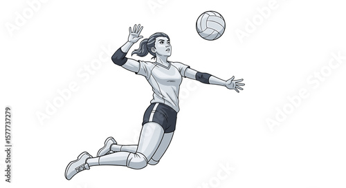 A female volleyball player in mid-air spiking the ball, rendered in grayscale.