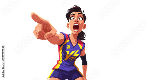 A cartoon volleyball player in a dynamic pose, shouting and pointing.