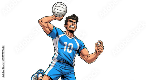 Cartoon athlete in blue uniform with number 10, preparing to serve a volleyball with intense expression.