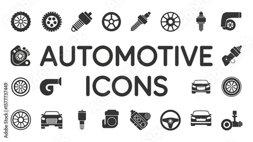 Car Parts Icon Set Wheels, Engine, Steering Wheel, Spark Plugs, and Car Silhouettes