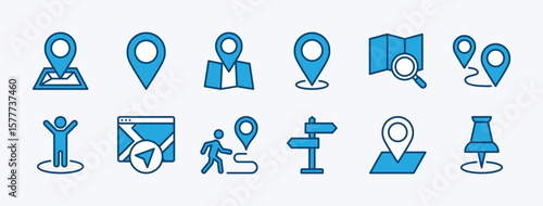 Set of map and location icon. Contains pin, pointer, and marker of place address or destination. GPS, you are here, route, signboard, direction, searching, navigation, position. Vector illustration