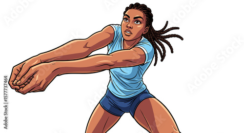 A female volleyball player in a dynamic stretching pose, arms outstretched.